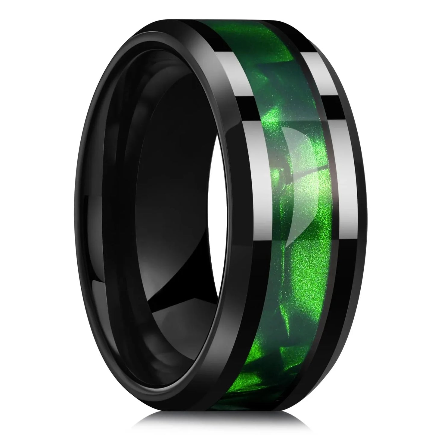 Fashion 8mm Titanium Stainless Steel Rings for Men Women High Polished Inlay Green Shell Men Promise Rings Wedding Party Jewelry