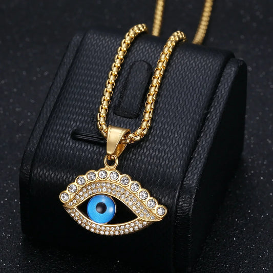 Unisex 18K Gold Plated Zircon Necklace Fashion Stainless Steel Blue Angel's Eye Pendant High Quality Designer Jewelry