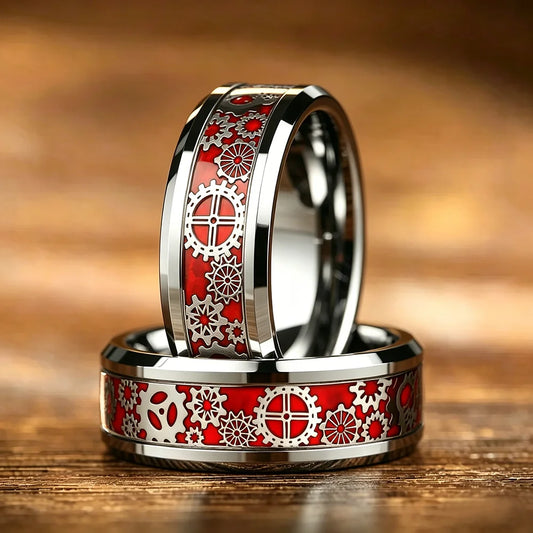 Vintage Wedding Band Men Steampunk Silver Color Gear Wheel Stainless Steel Rings With Red Carbon Fiber Inlay Rings For Men