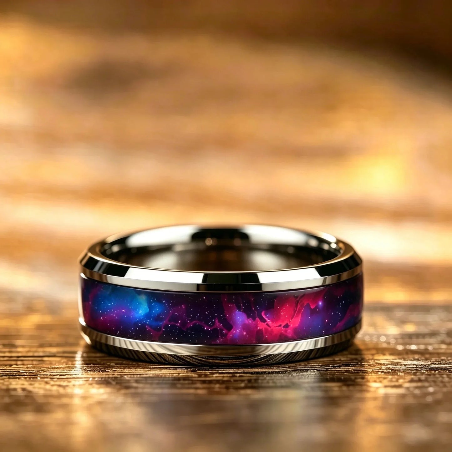 Wedding Band Jewelry Unique Mysterious Colorful Gradient Nebula Pattern Rings , 8mm Cosmic Starry Sky Stainless Steel Men Ring
