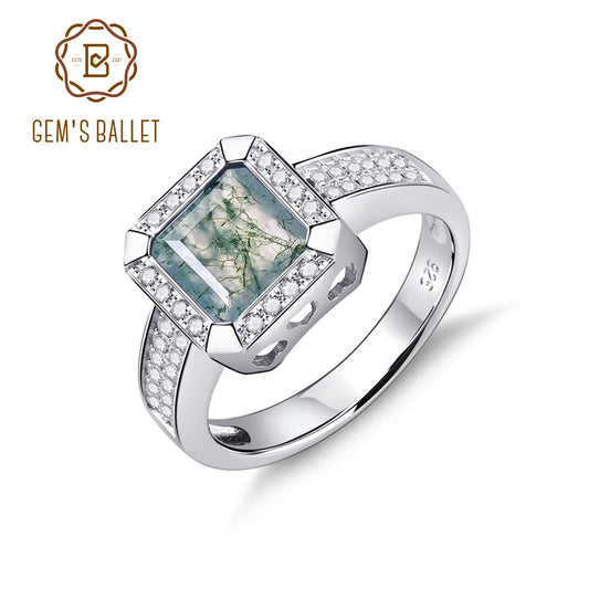 GEM'S BALLET 2.32Ct Natural Moss Agate Gemstone Vintage Rings Solid 925 Sterling Silver Fine Jewelry Rings For Women