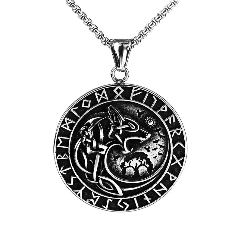 Wolf & Lion Pendant Necklace with Norse Runes Vintage Style Viking Tribal Chain for Men, Punk Biker Stainless Steel Jewelry Gift
