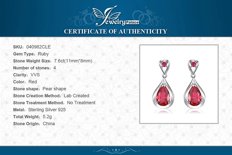 JewelryPalace Water Drop 7.6ct Created Red Ruby 925 Sterling Silver Dangle Drop Earrings for Women