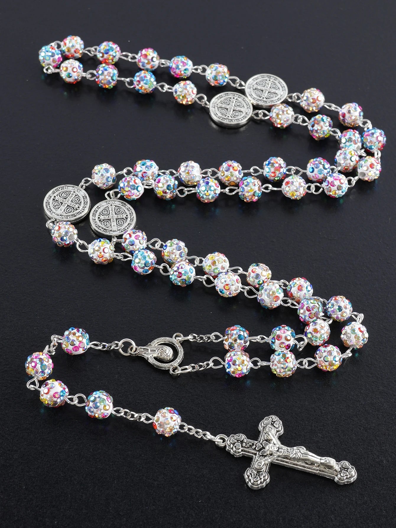 1 Piece Retro Classic Multi-Color 8mm Round Rosary DIY Pure Handmade Work Cross Religious Necklace Men's and Women's Jewelry GIF