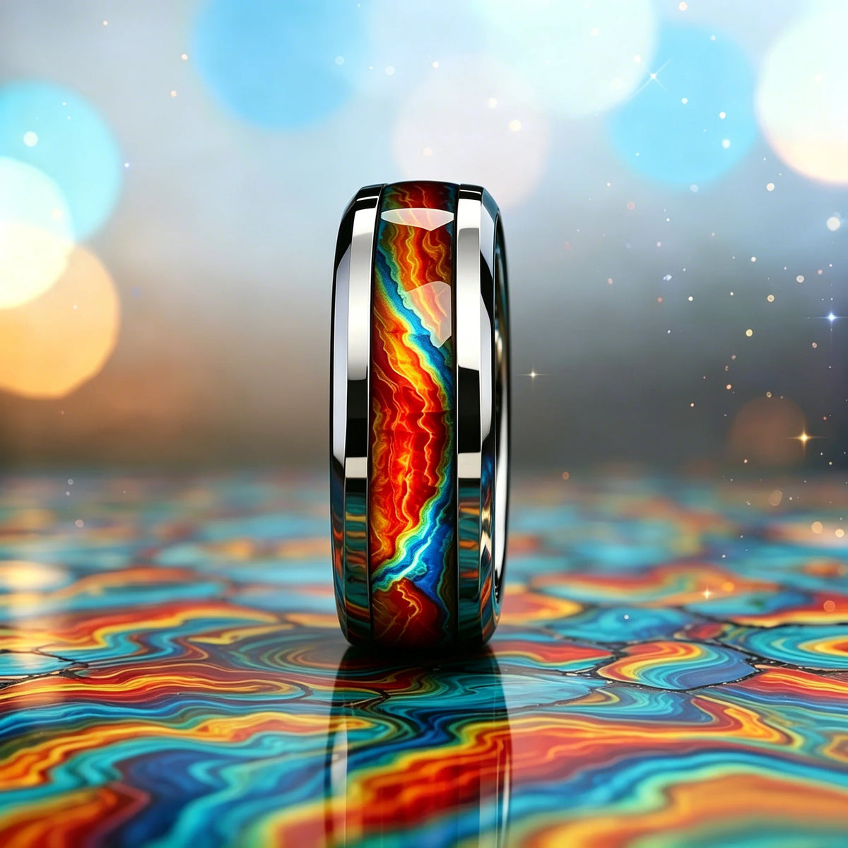 Men's Green Aurora Nebula Stainless Steel Ring, Silver Color Polished with Malachite Inlay, Punk Biker Jewelry Gift for Him