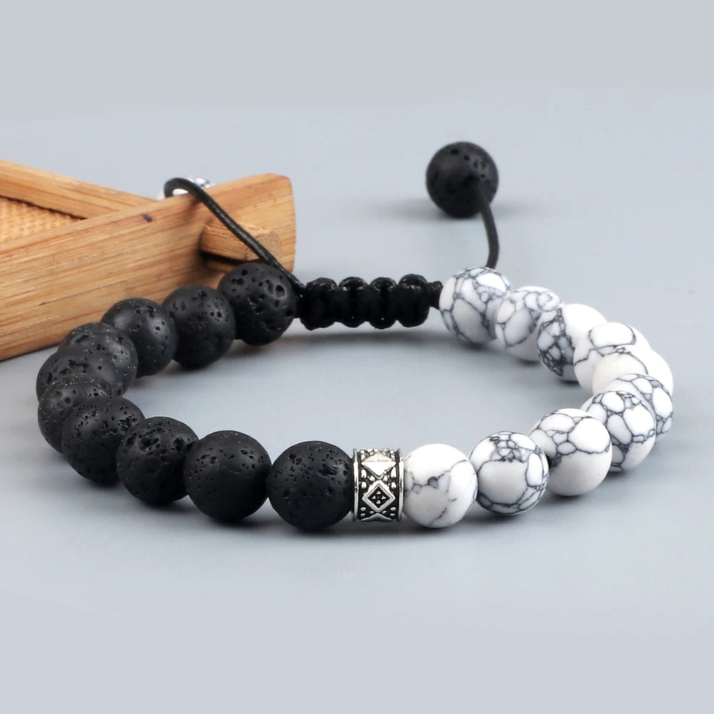 Fashion Black White Beaded Bracelets For Men 8mm Natural White Howlite Stone Beads Bracelet Women Meditation Prayer Jewelry Gift