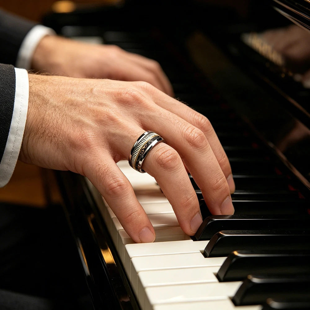 Fashion Stainless Steel Piano Note Ring Hypoallergenic Jewelry for Men, Ideal Opening Graduation Gift for Music Lovers Musician