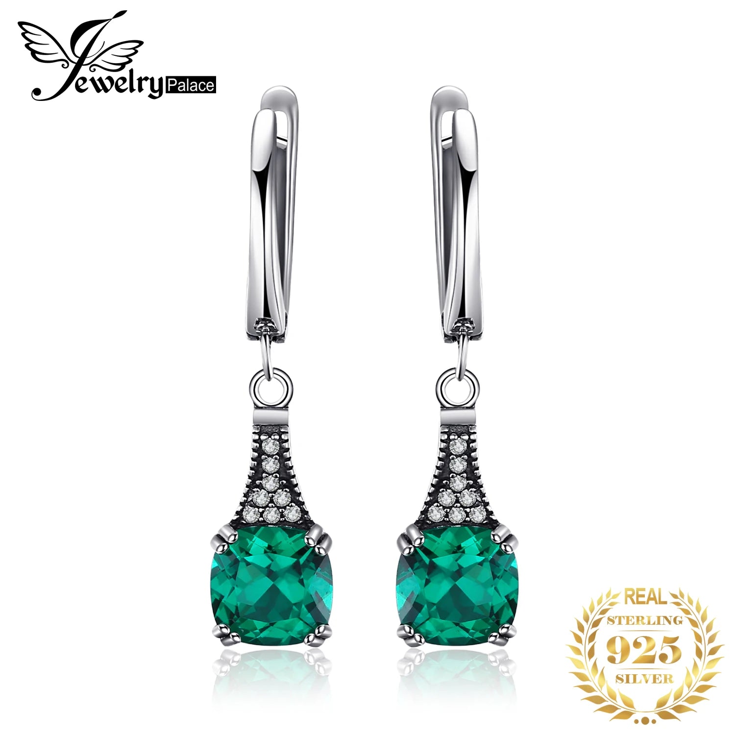 JewelryPalace Vintage 2.1ct Cushion Simulated Nano Emerald 925 Sterling Silver Hoop Earrings for Woman Gemstone Fashion Jewelry Default Title