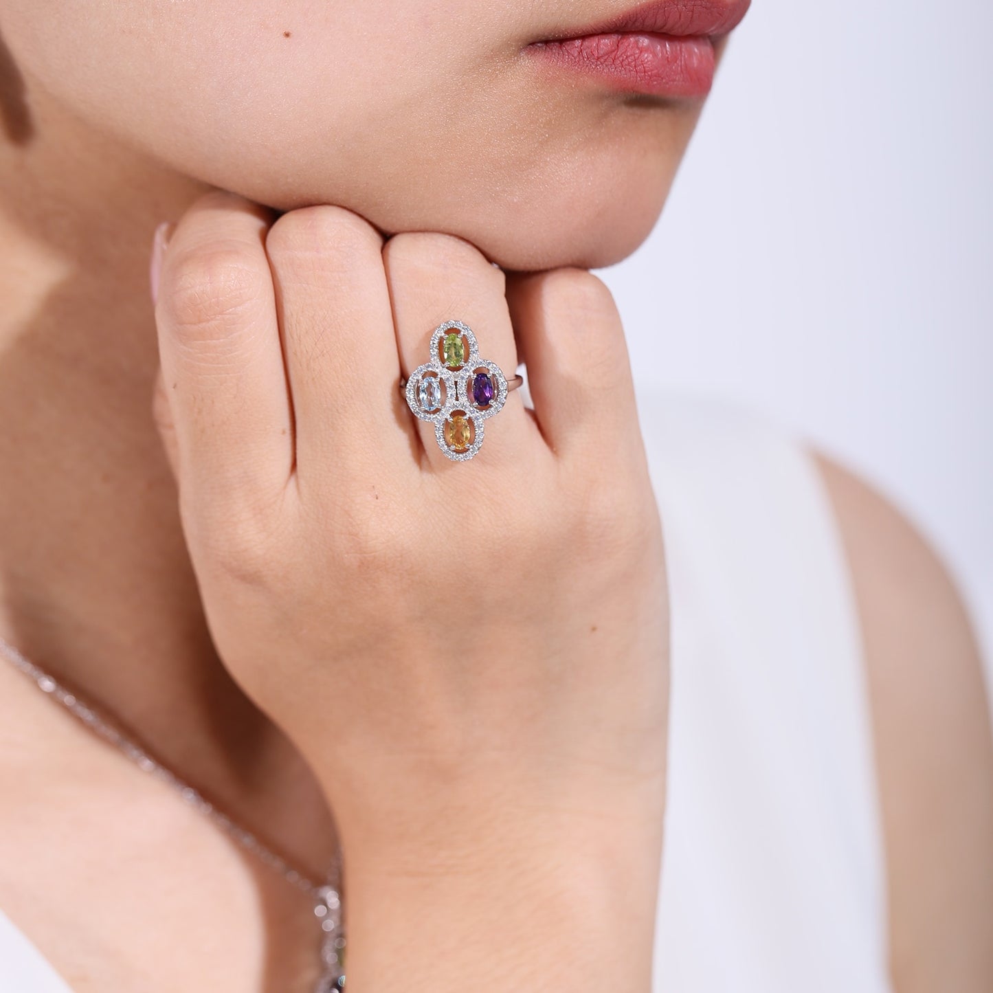 GEM&#39;S BALLET Clover Flower Ring Natural Amethyst Peridot Topaz Citrine Birthstone Ring in 925 Sterling Silver Gift For Her