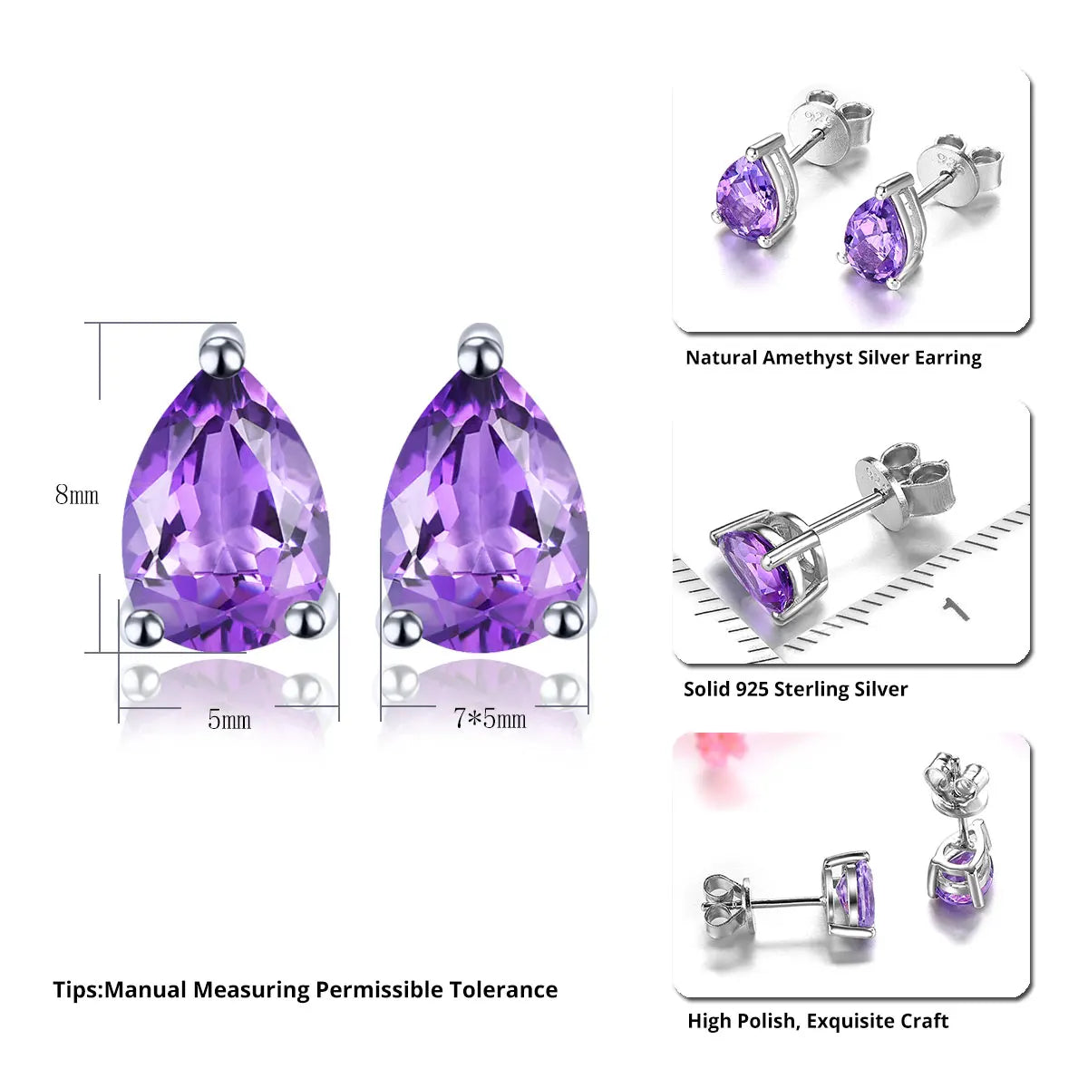 Natural Amethyst Sterling Silver Stud Earring 1.2 Carats Genuine Purple Crystal Classic Simple Design S925 Fine Jewelry