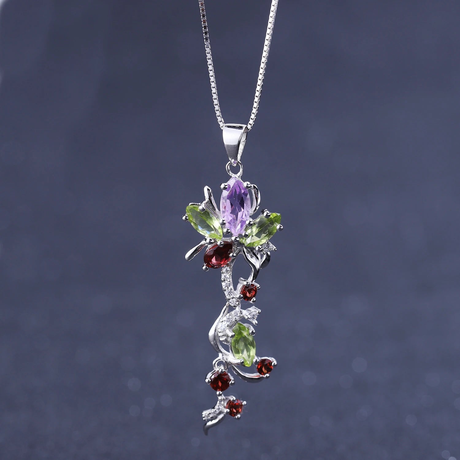 GEM'S BALLET Multicolor Natural Peridot Amethyst Garnet Flower Pendant 925 Sterling Silver Necklace Fine Jewelry for Women