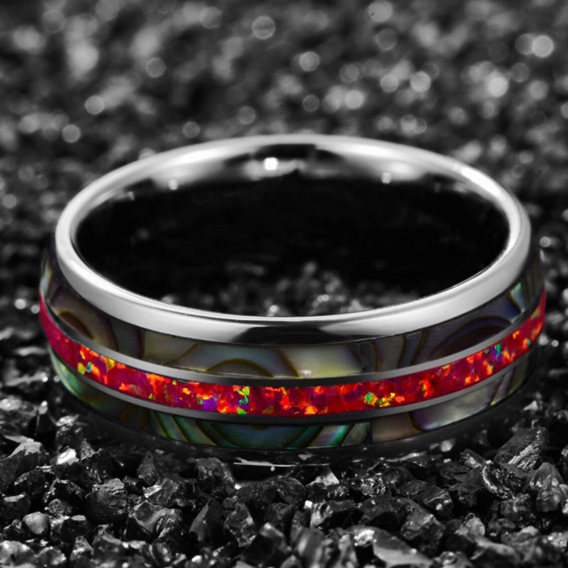 Fashion 8mm Black Titanium Steel Rings For Men Inlay Red Opal and Colorful Abalone Shell Ring Men's Wedding Band Jewelry Gifts