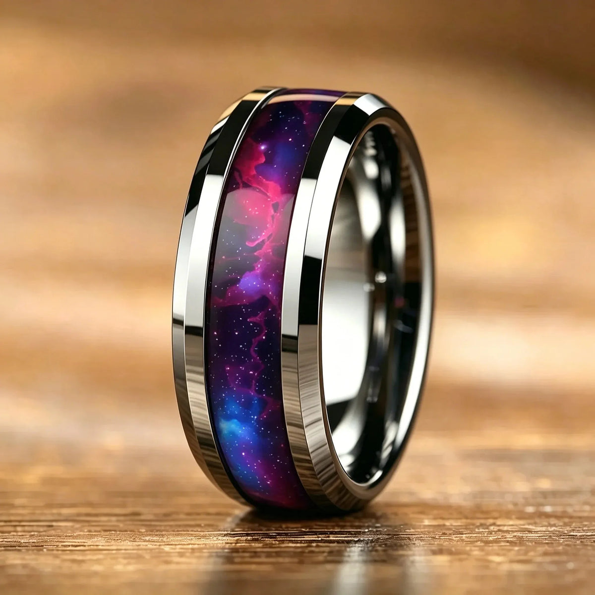 Wedding Band Jewelry Unique Mysterious Colorful Gradient Nebula Pattern Rings , 8mm Cosmic Starry Sky Stainless Steel Men Ring
