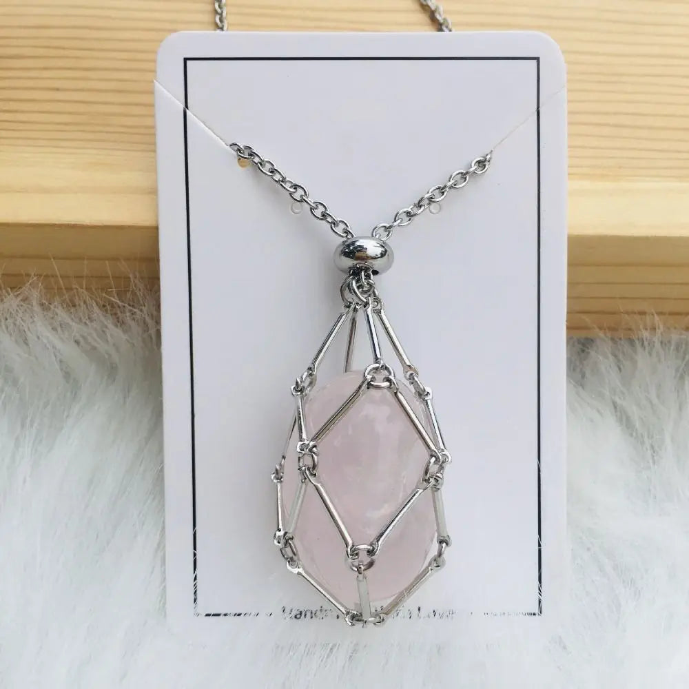 Crystal Holder Cage Necklace with Crystal Stone Interchangeable Adjustable Crystal Net Metal Necklace for Women Silver Rose Quartz