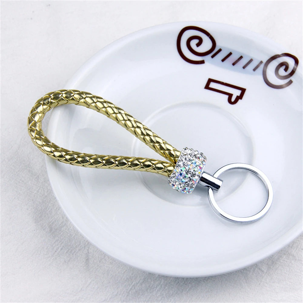 Fashion PU Leather Woven Keychain Glitter Rhinestones Braided Rope Keyring For Men Women Car Key Holder Charms Accessories Gifts A CHINA