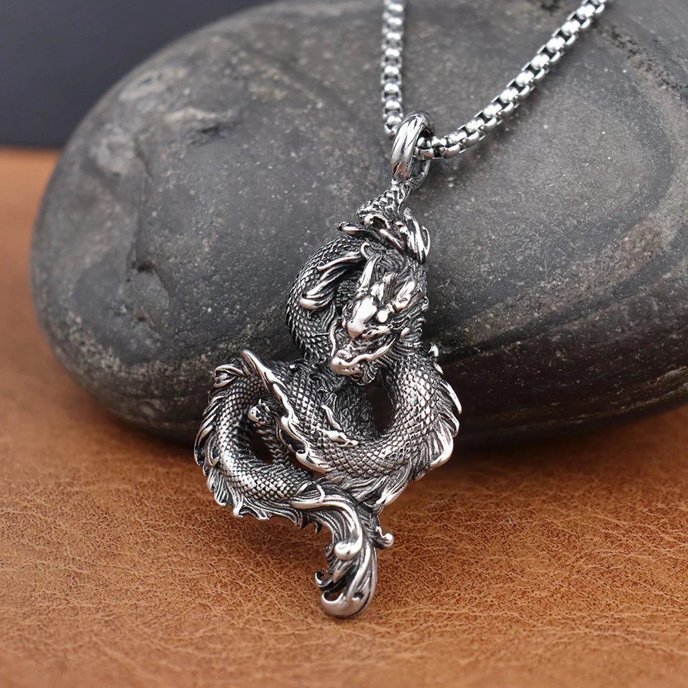 Stainless Steel Domineering Chinese Dragon Pendant Chain for Men Fashion Punk Dragon Necklaces Popular Party Jewelry