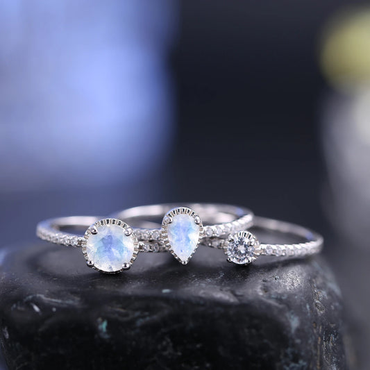 GEM'S BALLET Art Deco Natural Milky Blue Moonstone Engagement Ring Set 3 Piece Bridal Set in 925 Sterling Silver Gift For Her