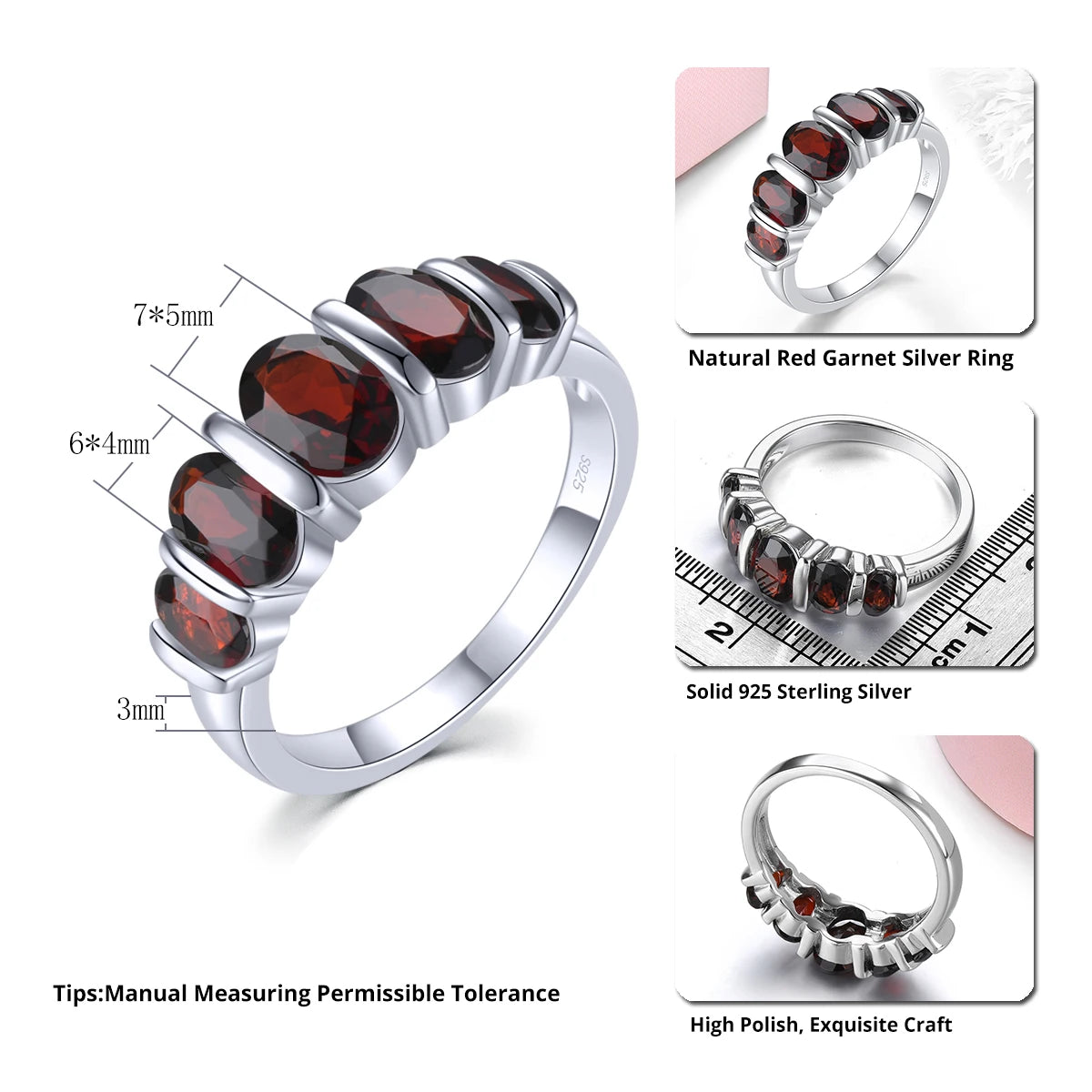 Natural Red Garnet Solid Sterling Silver Rhodium Plated Women's Ring 2.5 Carats Simple Classic Style Birthday Anniversary Gifs