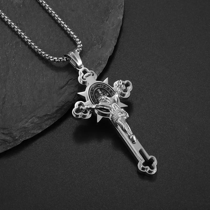 Stainless Steel Cross Letter Pendant Christian Savior Jesus Necklace Men and Women Religious Prayer Amulet Jewelry