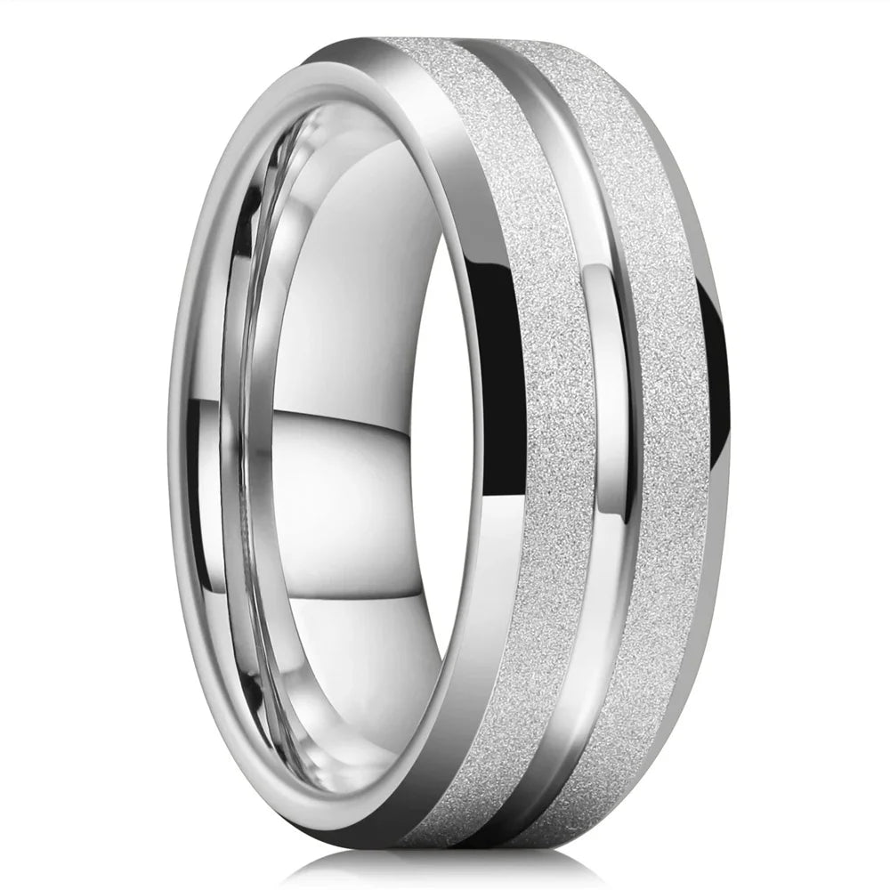 Trendy 8mm Men Frosted Stainless Steel Rings, Gold Color Brushed Groove Beveled Edge Engagement Rings For Men, Wedding Jewelry