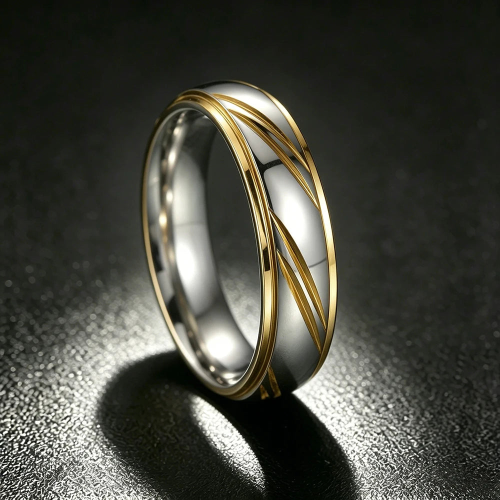 Trendy Stainless Steel Couple Rings For Men Women Unique Groove Wave Pattern Ring Wedding Party Jewelry Valentines Day Gifts