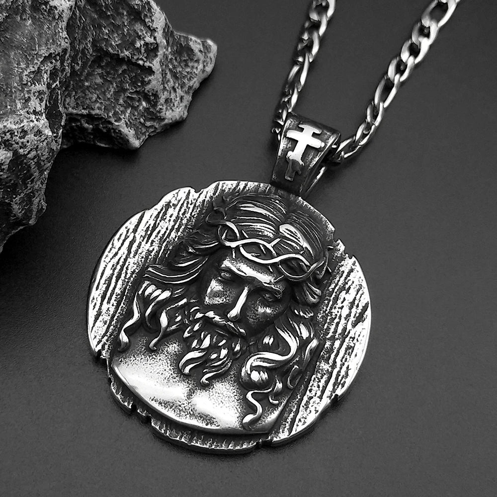 Retor Punk Jesus Head Pendant Necklace For Women Men Stainless Steel Black Vintage Catholic Male Lucky Amulet Chain Jewelry Gift