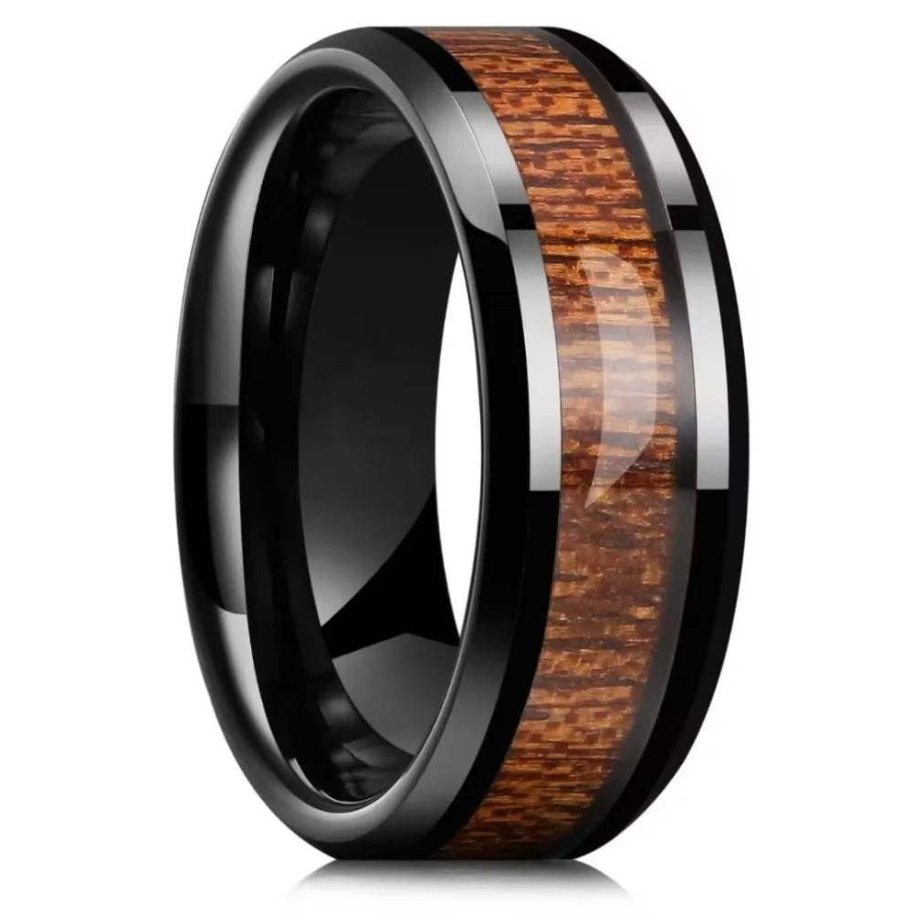 Fashion 8mm Men Black Titanium Wedding Rings Koa Wood Inlay Stainless Steel Rings for Men Wedding Band Anniversary Birthday Gift