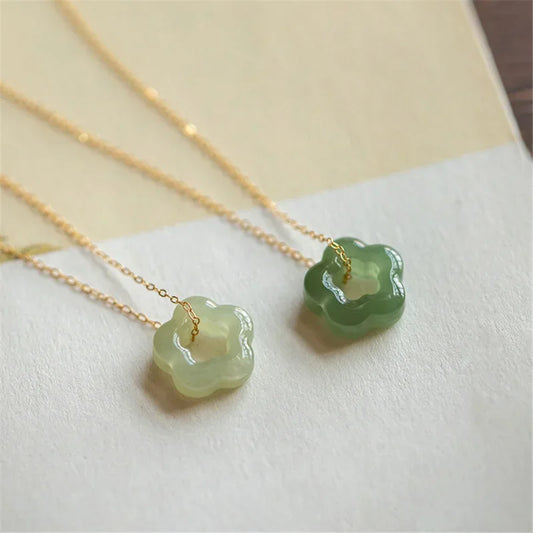 Natural Hetian Jade Plum Blossom Pendant Necklace 925 Sterling Silver Electroplated Gold Clavicle Chain Hollow Exquisite Jewelry