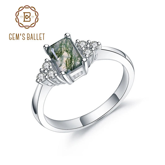 GEM'S BALLET 925 Sterling Silver Delicate Ring Nature Inspired Moss Agate Gemstone Promise Engagement Rings Gift For Her