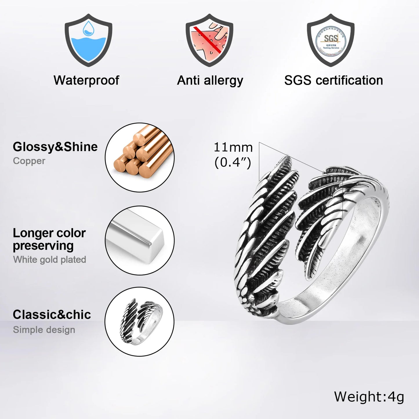 Vnox Men Women Angel's Wing Ring,Devil Wing Feather Finger Band, Adjustable Open Ring Jewelry Gift