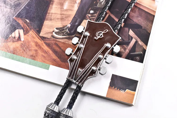 Popular guitar instrument genuine leather polo tie pendant necklace,adjustable,oil dripping technique,gift for music enthusiasts