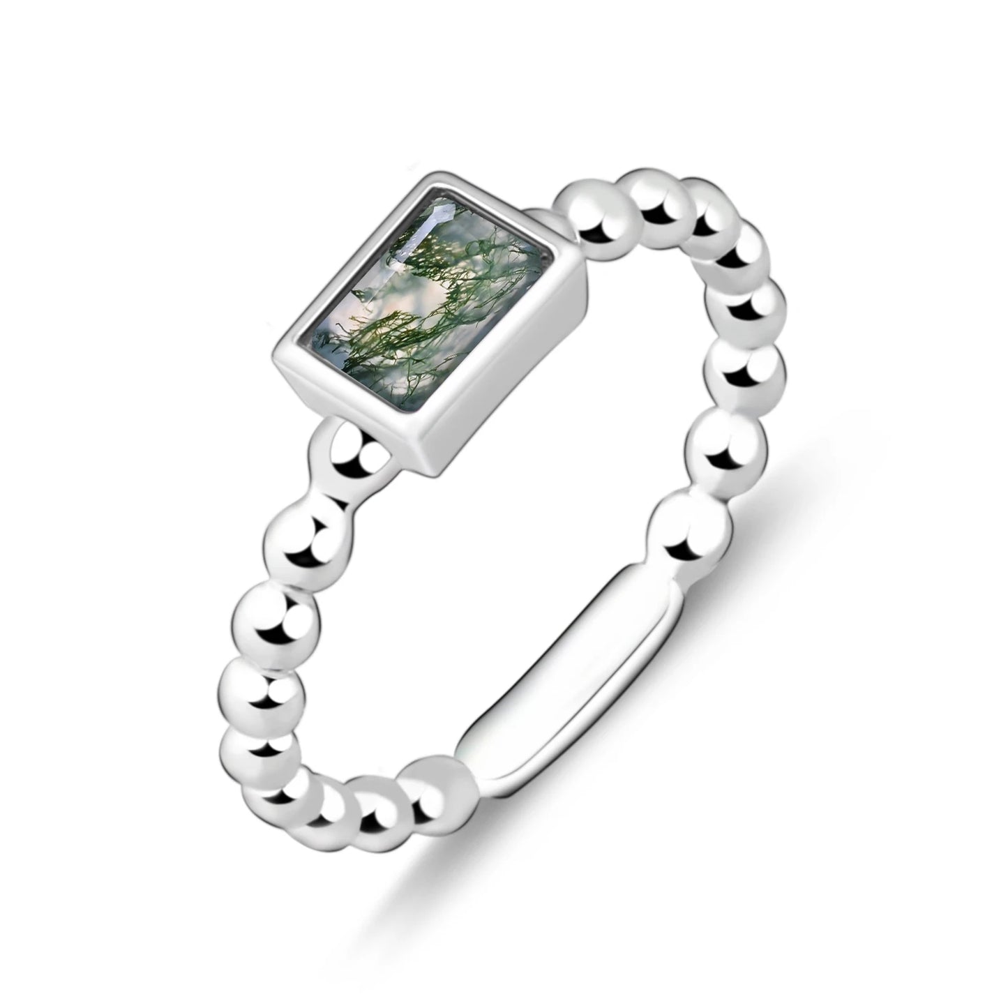 GEM'S BALLET Dainty 0.53Ct Natural Moss Agate Gemstone Ring in 925 Sterling Silver Bead Band Ring Mothers Day Gifts 925 Sterling Silver Moss Agate