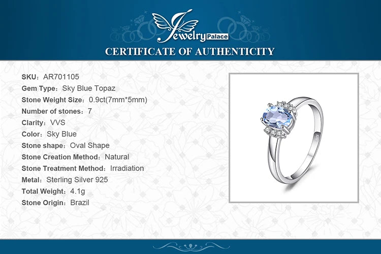 JewelryPalace Oval Natural Sky Blue Topaz 925 Sterling Silver Engagement Ring for Woman Gemstone Fine Jewelry Anniversary Gift