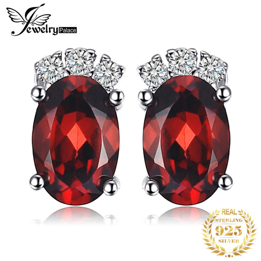 JewelryPalace Oval Red Genuine Natural Garnet 925 Sterling Silver Stud Earrings for Women Fashion Statement Gemstone Jewelry