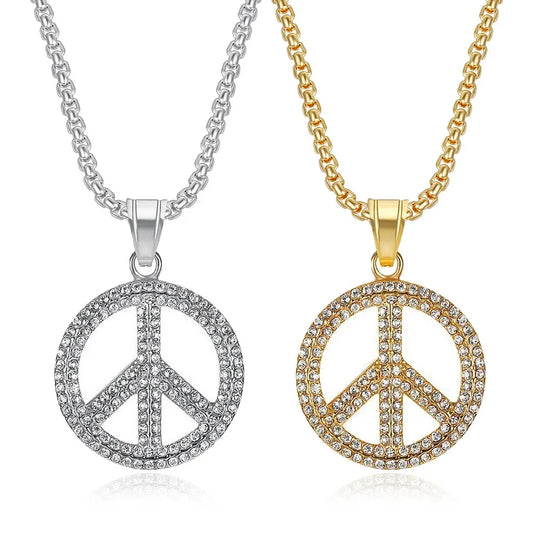 Charms Jewelry Stainless Steel Peace Sign Necklace Unisex Retro Zircon Pendant Gold Plated Chain Wholesale