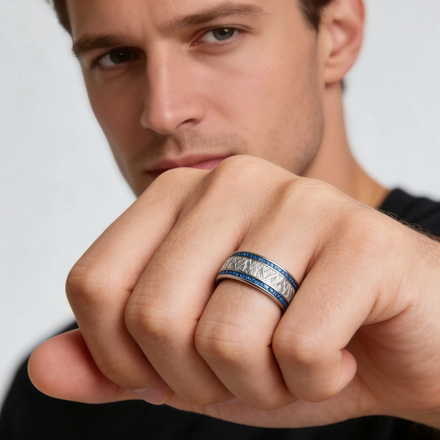 Fashion 8mm Silver Color Stainless Steel Rings for Men, Meteorite Carbon Fiber Inlay Dome Engagement Ring, Men Wedding Jewelry