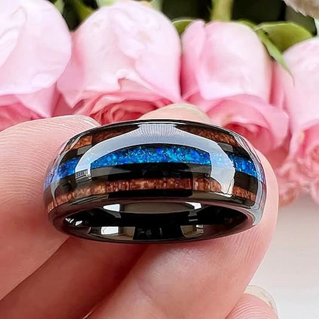8MM Unique Blue Opal Inaly Men's Black Stainless Steel Rings