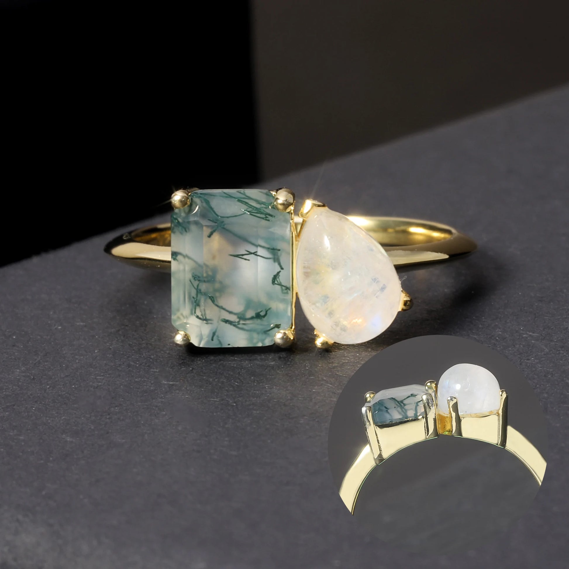 GEM'S BALLET Milky Blue Moonstone Moss Agate Engagement Rings in 925 Sterling Silver Toi et Moi Ring Handmade Fine Jewelry