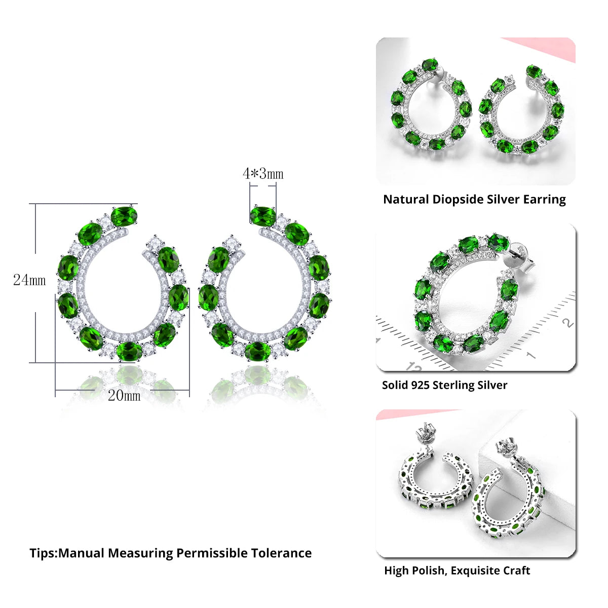 Natural Chrome Diopside Sterling Silver Stud Earring 3.5 Carats Genuine Gemstone Women Elegant Exquisite Style Fine Jewelrys