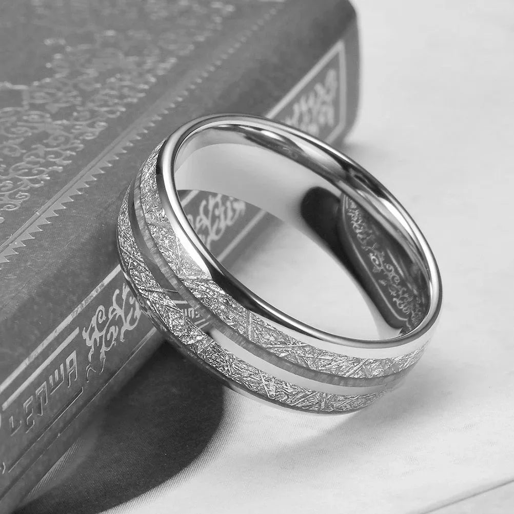 Fashion 8mm Silver Color Stainless Steel Rings for Men Double Groove Meteorite Inlay Dome Men Finger Ring Wedding Band Jewelry