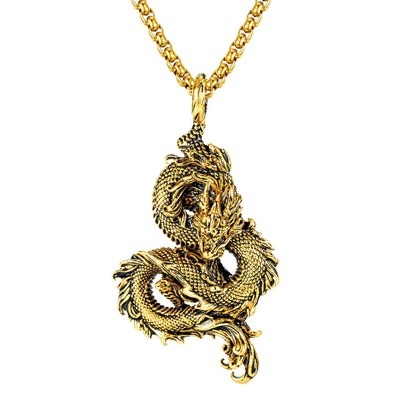 Stainless Steel Domineering Chinese Dragon Pendant Chain for Men Fashion Punk Dragon Necklaces Popular Party Jewelry