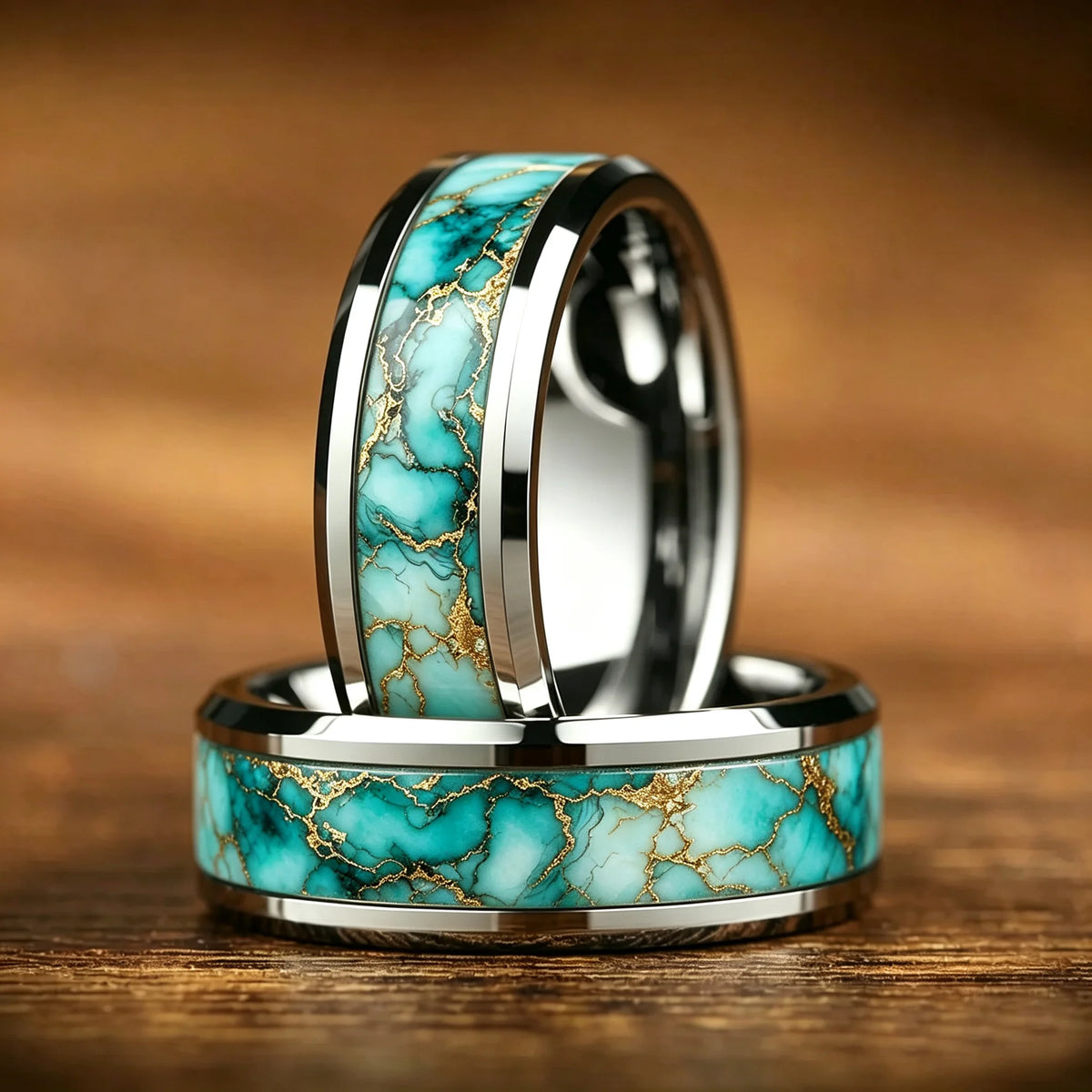 Wholesale With Sky Blue Marble Turquoise Inlay Ring Stainless Steel Rings for Men Women Wedding Band Jewelry Birthday Gift