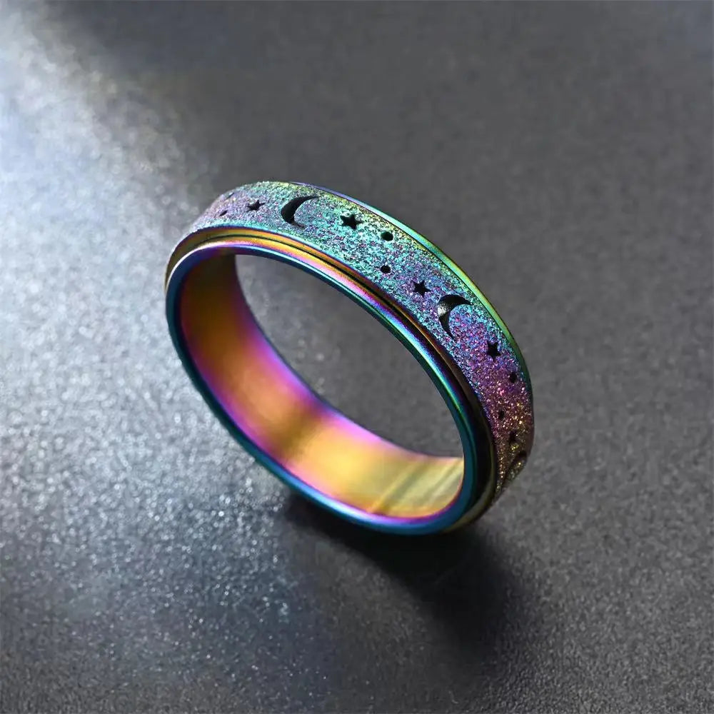Fashion Rainbow Moon Star Anxiety Rings for Women Men Stainless Steel Fidget Ring Anti Anxiety Ring Stress Relief Spinner Ring