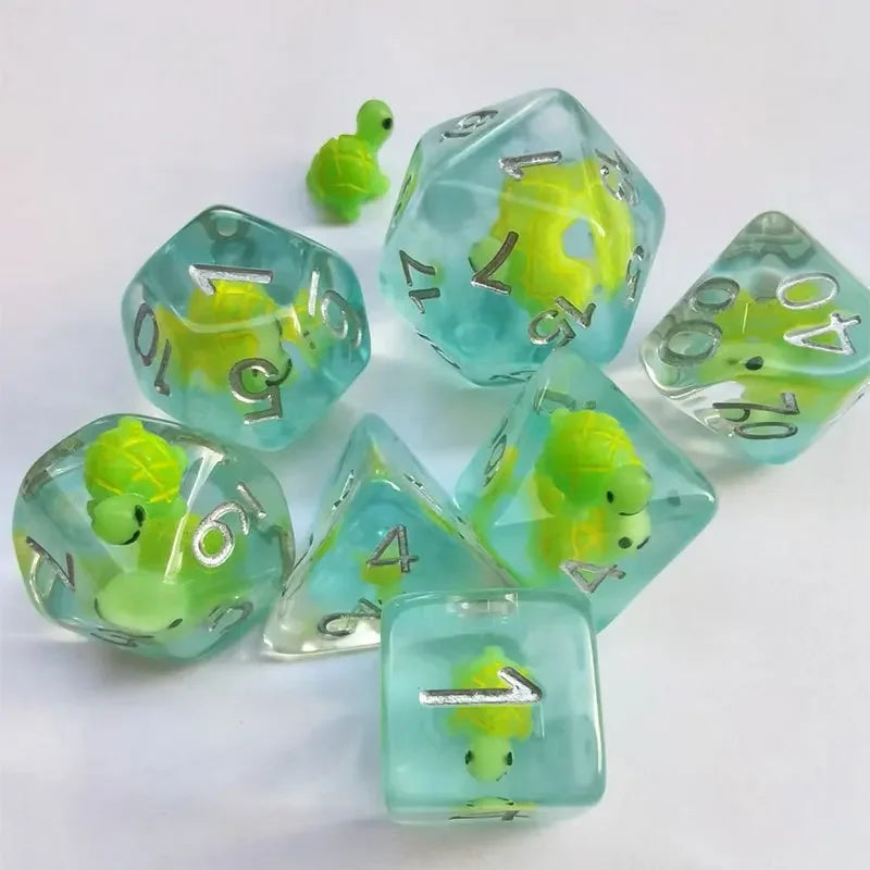 New DND Upscale 7Pcs Resin Dice Set Polyhedral Inline Animal D4 D6 D8 D10 D12 D20 Dices for RPG Board Game and Tabletop Games Little Turtle