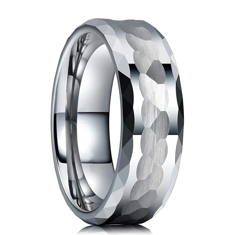 Fashion 8mm Men Stainless Steel Rings Silver Color Hammered Design Multi-Faceted Rings For Men Women Wedding Band Jewelry Gifts