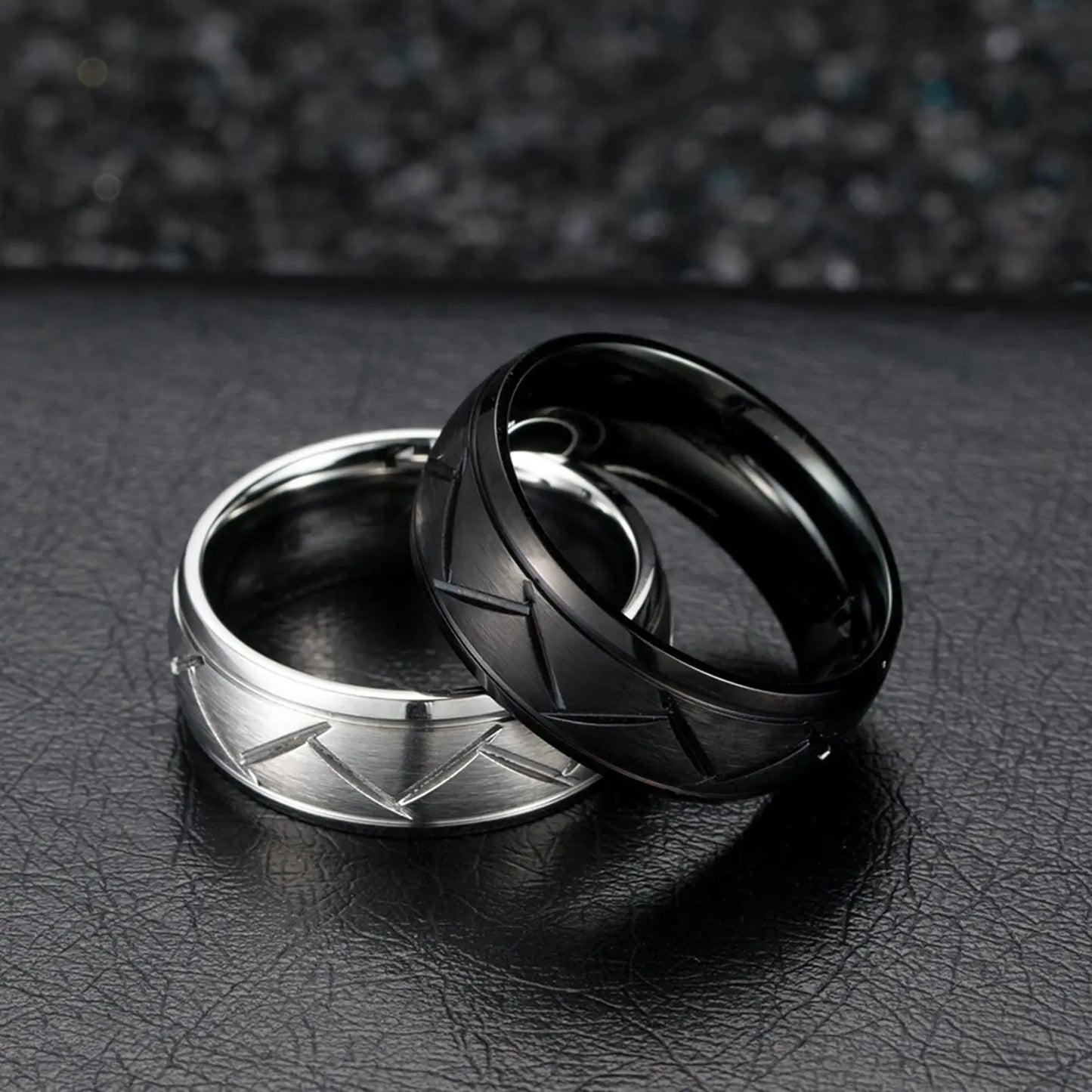Fashio Men Rings Black Titanium Stainless Steel Rings For Men Women Brick Pattern Finish Beveled Edge Wedding Ring Party Jewelry