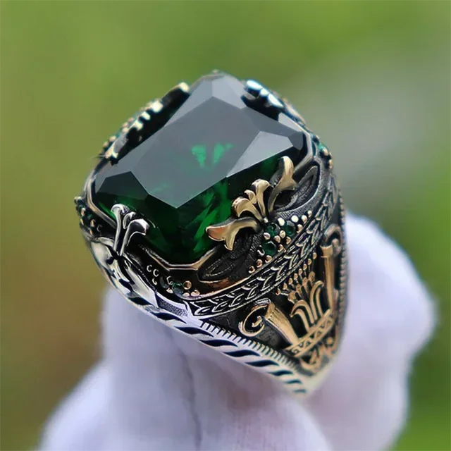 New Retro Handmade Turkish Rings for Men Vintage Double Swords Black Zircon Rings Punk 2024 Trendy Islamic Religious Muslim