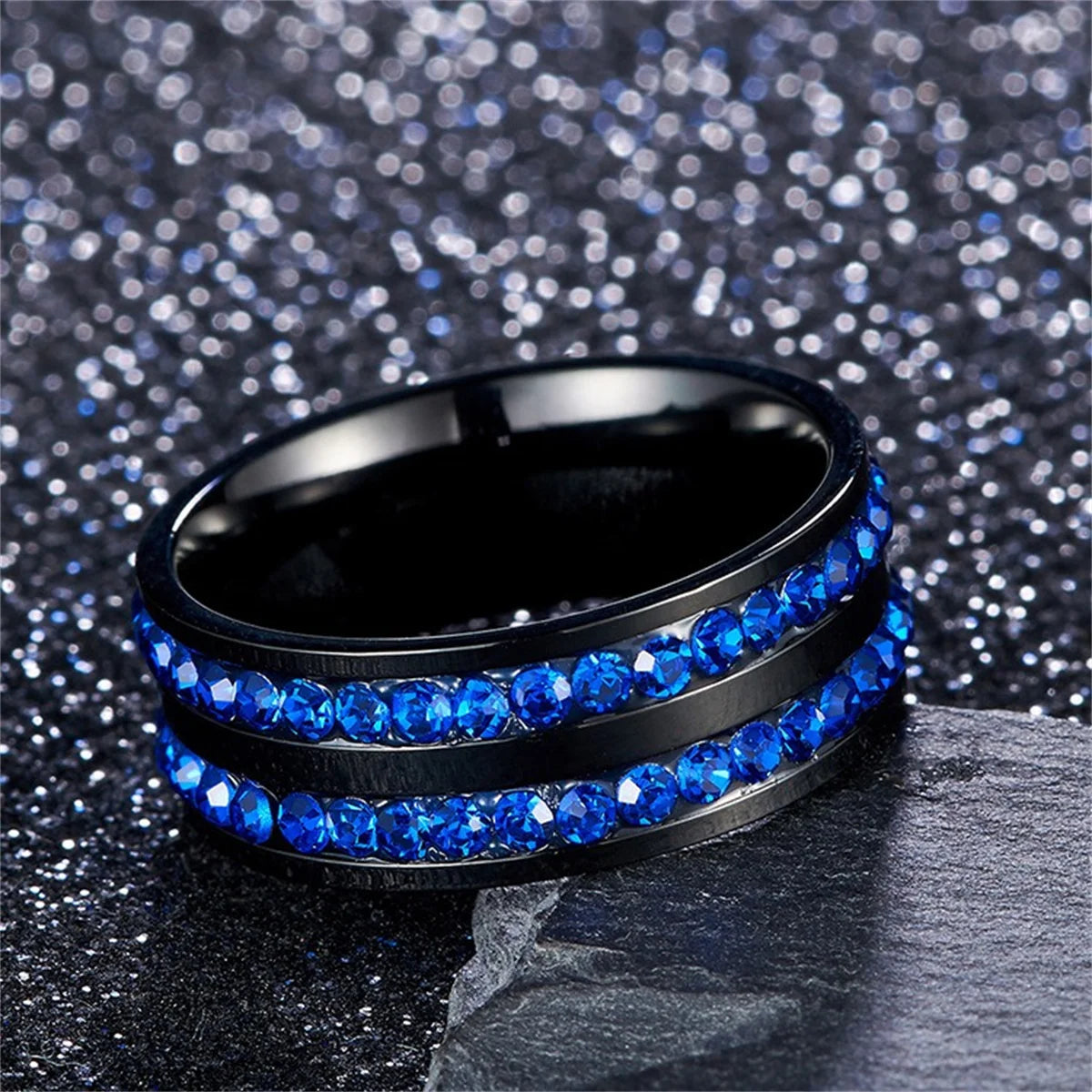 Fashion 8mm Double Row Rhinestone Stainless Steel Rings For Men Women Luxury Micro Paved CZ Crystal Rings Wedding Band Jewelry