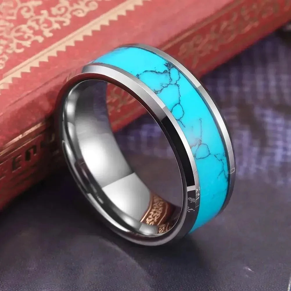 Fashion 8mm Men Stainless Steel Rings Inlay Blue Turquoise Rings For Men Women Wedding Engagement Band Jewelry Gift Wholesale