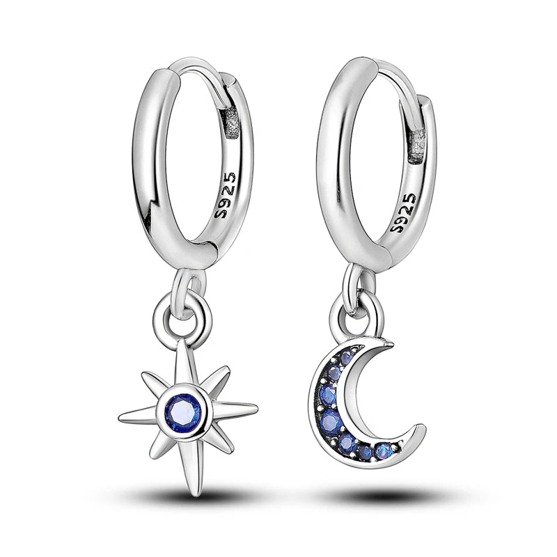 Genuine 925 Sterling Silver Starry Moon Feather Hoop Earrings Fit Original Charms Fashion Women Earrings Jewelry Gift 2024 New KTE022